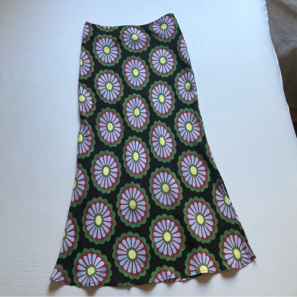 NWOT ILANA KOHN black red green blue floral‎ print cupro midi skirt